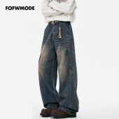 潮长裤 FOFWMODE春季 男宽松弯刀拖地裤 复古水洗做旧工艺牛仔裤 美式