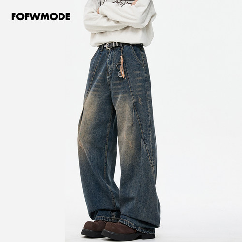 FOFWMODE春季美式复古水洗做旧工艺牛仔裤男宽松弯刀拖地裤潮长裤