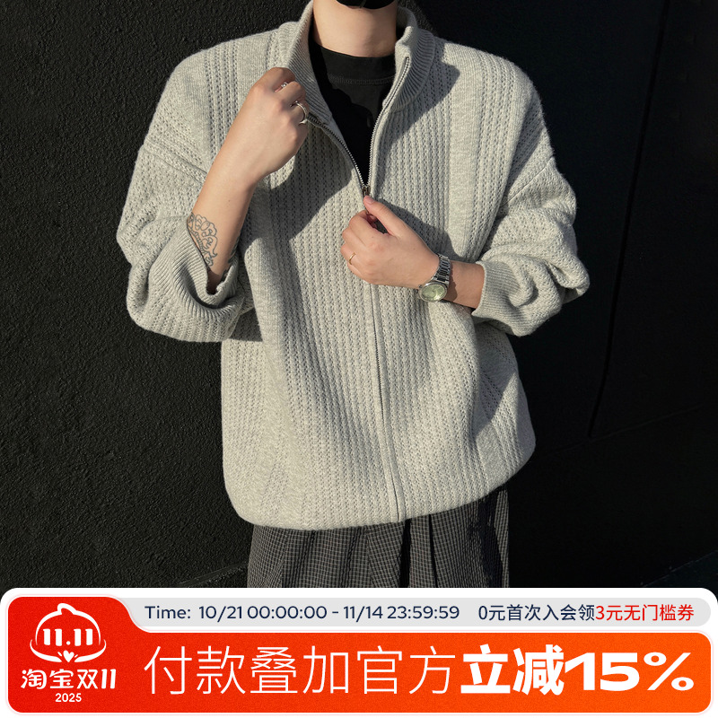 FOFWMODE秋冬美式提花立领开衫毛衣男宽松复古纯色针织衫潮牌外套