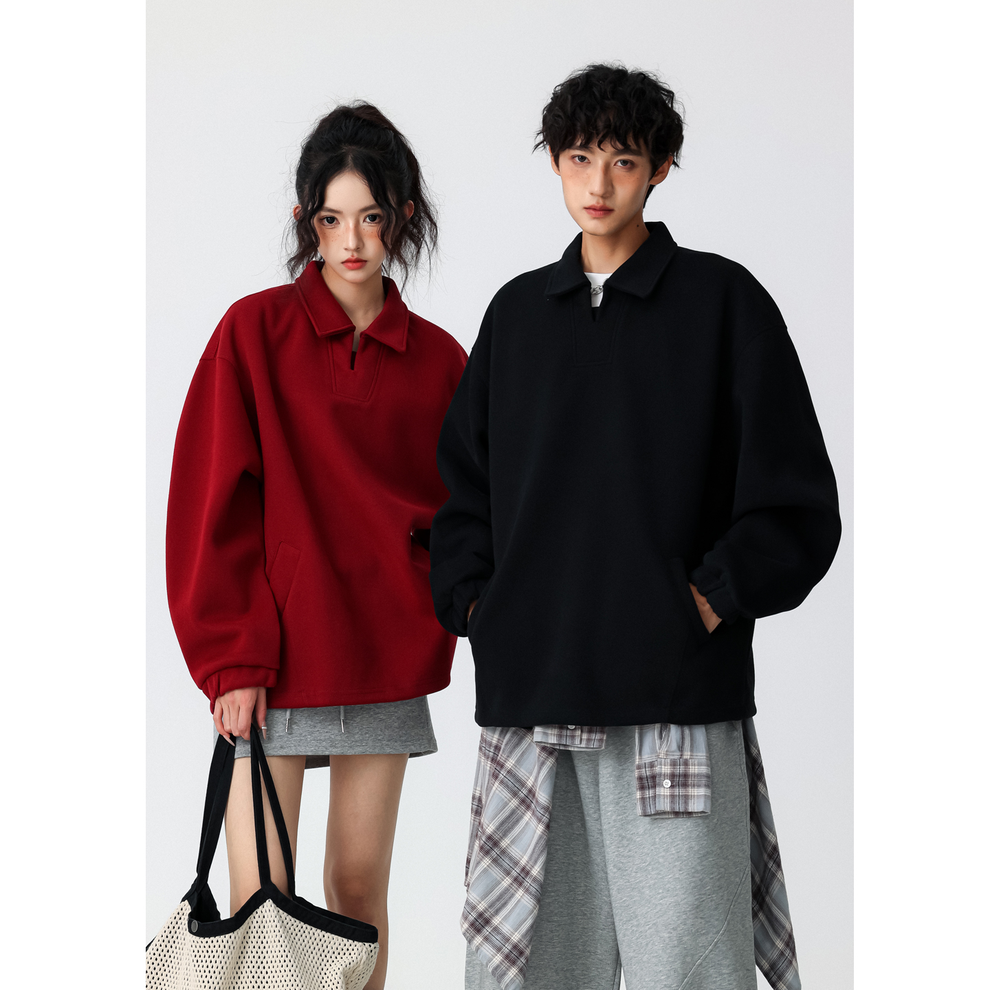 FOFWMODE 秋季美式个性翻领套头卫衣男女宽松情侣老钱风潮牌外套