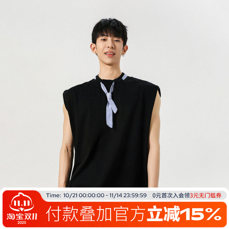 FOFWMODE 条纹衬衫领巾圆领纯色T恤男宽松无袖背心夏季打底衫上衣
