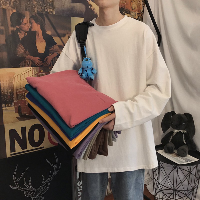 春秋季纯色长袖t恤情侣圆领