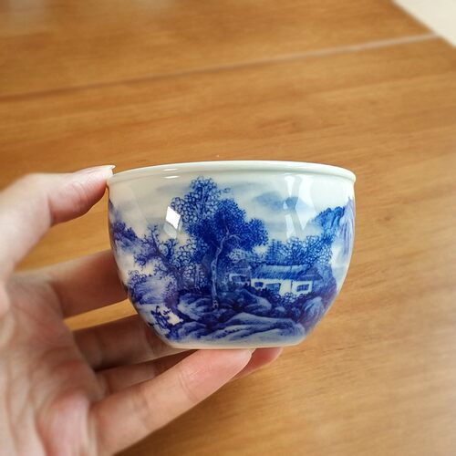 柴窑青花仿古茶具手绘主人杯