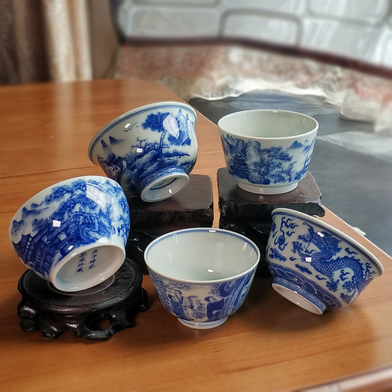 地板价 景德镇茶杯全手工手绘纯正柴窑青花瓷楼台亭阁直口杯120ml