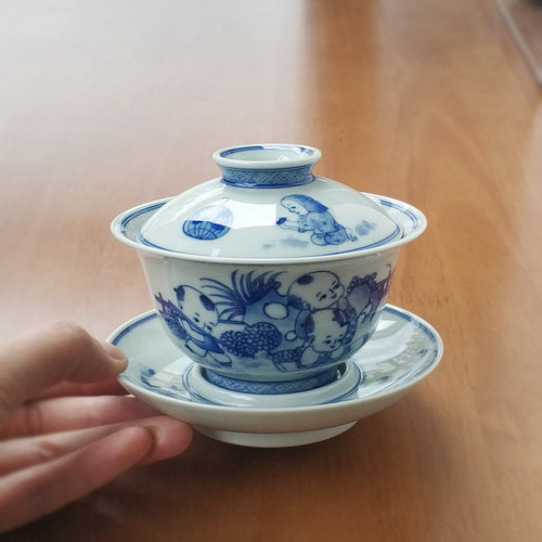 5折景德镇茶具茶碗全手工手绘仿古瓷纯正柴窑青花瓷九童盖碗180ml