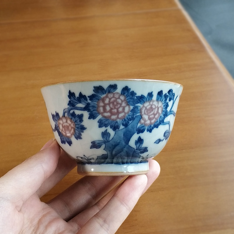 善窑厂李善明汝窑主人杯善明款收藏款天青釉釉里红纯手工花鸟杯