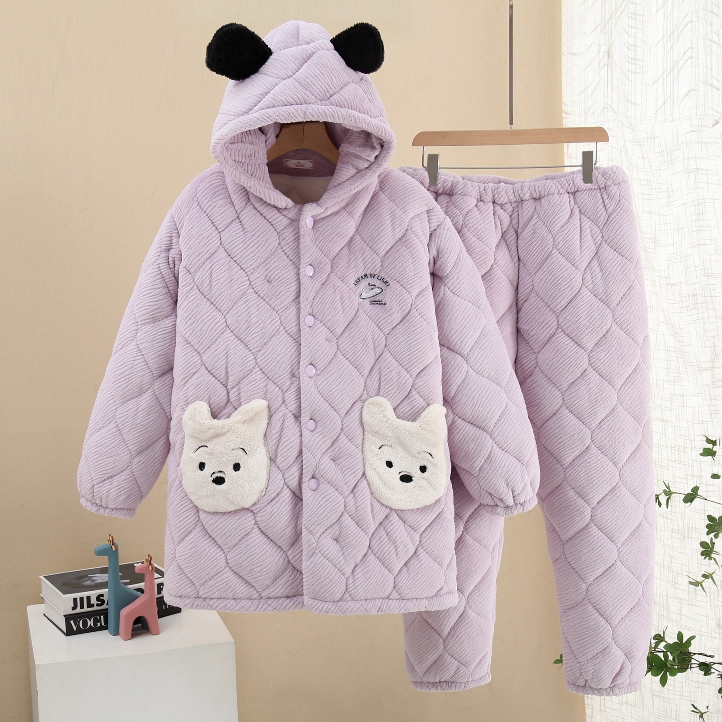 梵记冬季三层加厚连帽睡衣女冬季法兰绒夹棉睡衣女士孕妇家居服