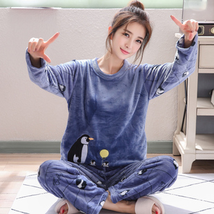 清新学生加厚法兰珊瑚绒套装 睡衣女200斤胖mm加肥加大码 秋冬韩版