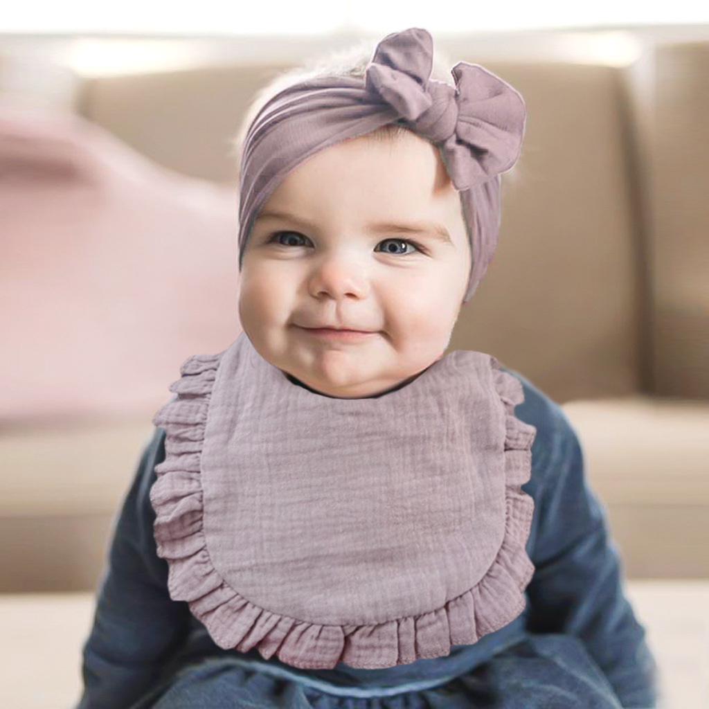 欧美新款婴儿蝴蝶结发带围嘴套装 儿童纱布荷叶边围兜 宝宝口水巾