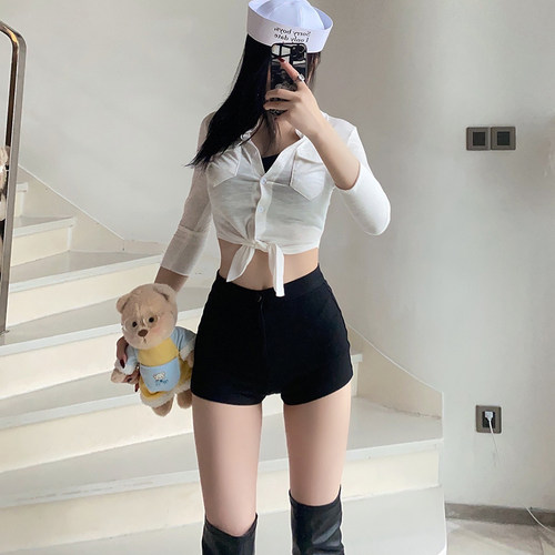修身欧美单排扣7分修身衬衫