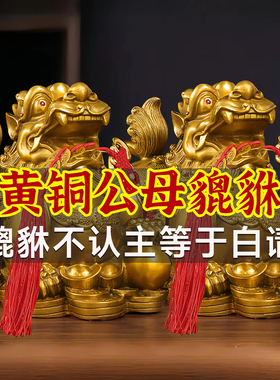 铜金钱貔貅摆件公母一对黄铜
