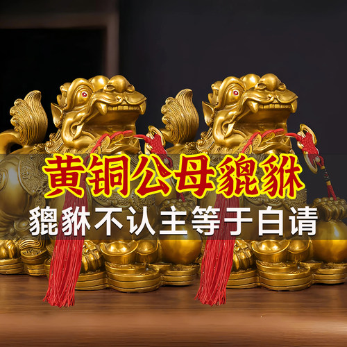 铜金钱貔貅摆件公母一对黄铜