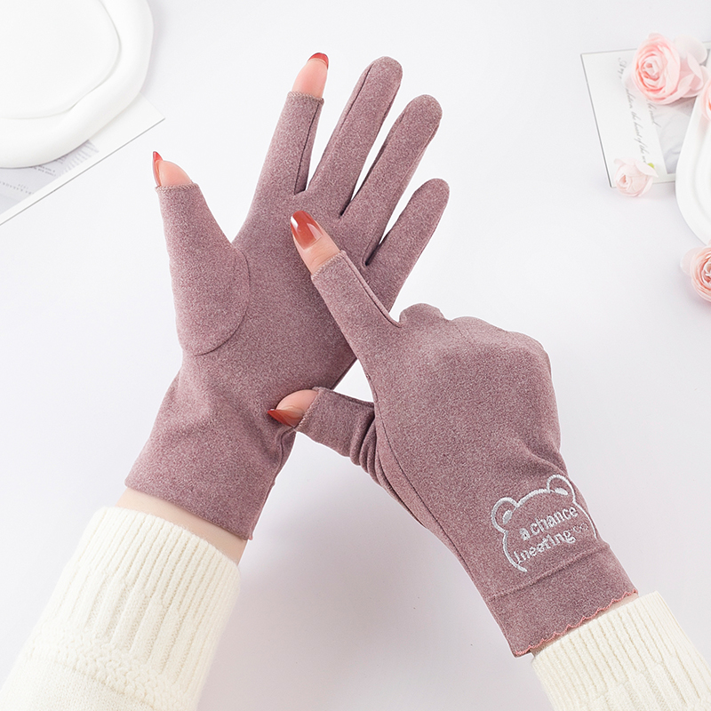 春秋季薄款手套女士德绒单层漏二指学生写字骑车弹力保暖分指触屏