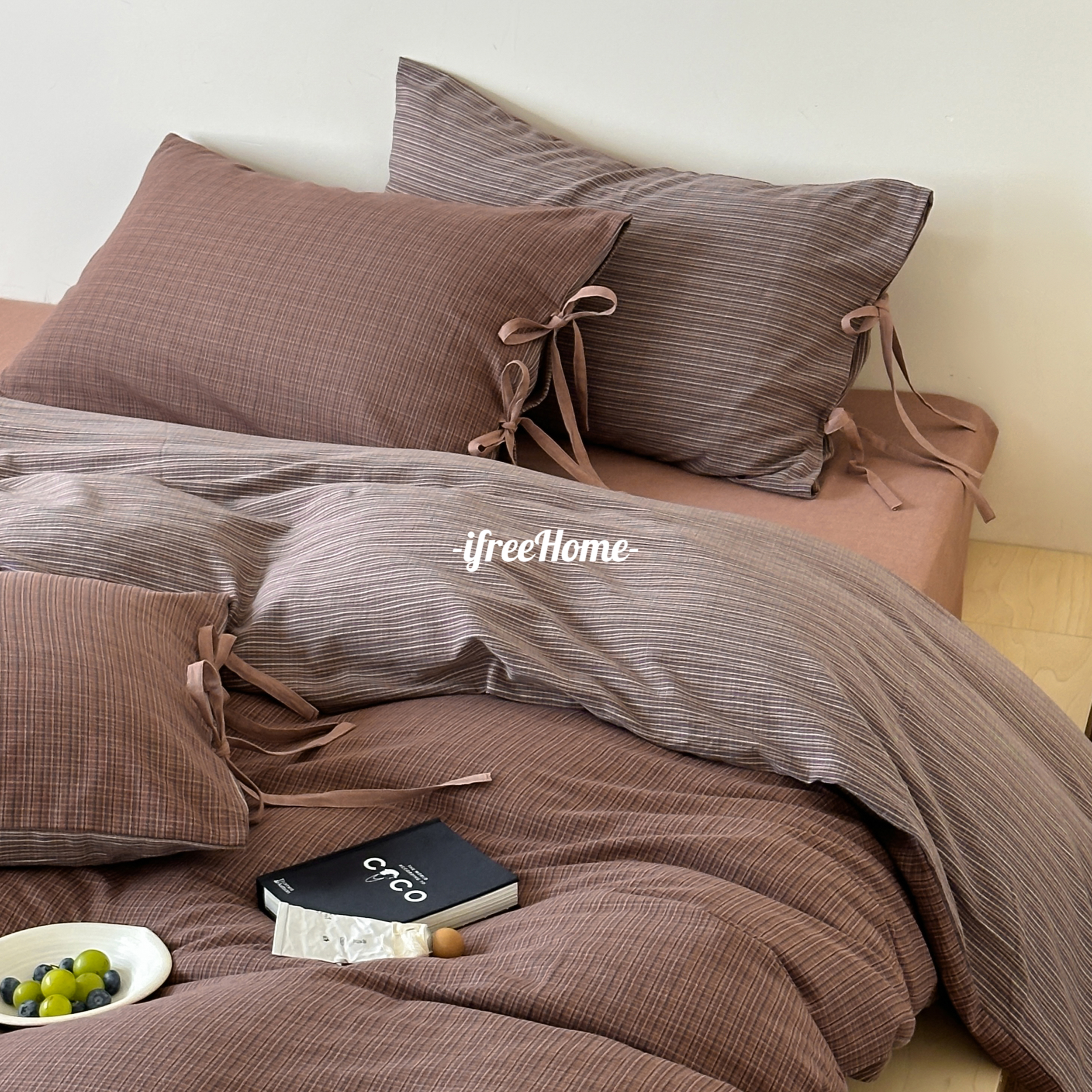 ifreeHome格纹超柔砂洗全棉四件套 纯棉色织提花床上枕套水洗床单