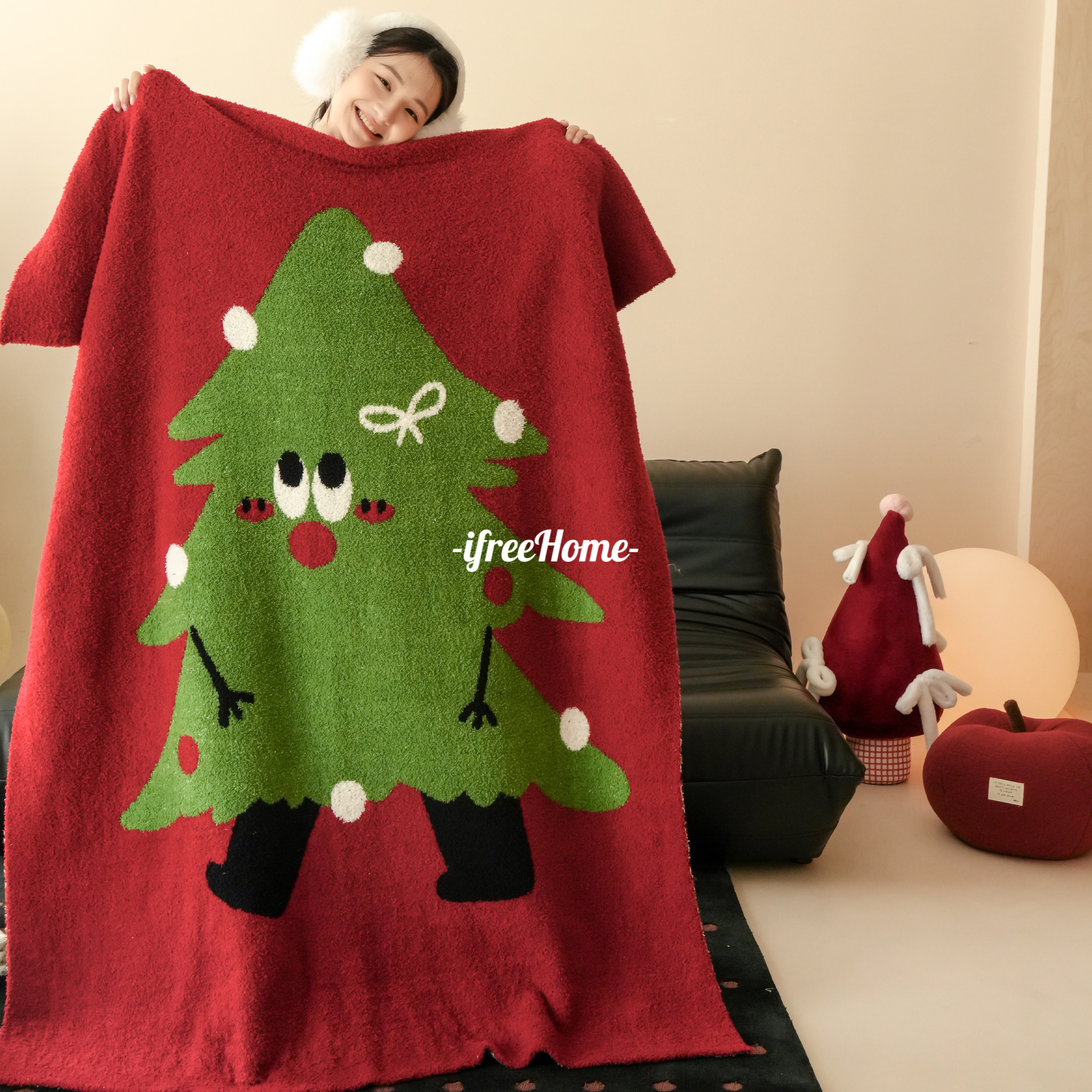 圣诞风针织半边绒毛毯 可爱平安果卧室沙发盖毯办公室软糯午睡毯