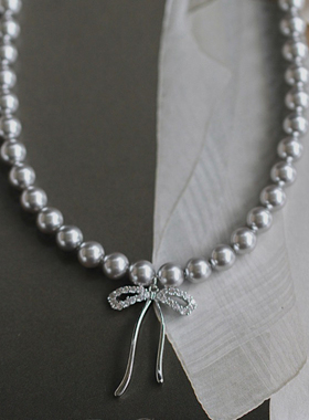 星姬灰珍珠蝴蝶结锁骨链