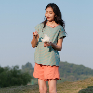 女家居服睡衣套装 朵朵可可25夏季 短裤 新款 纯棉条纹柔软针织短袖