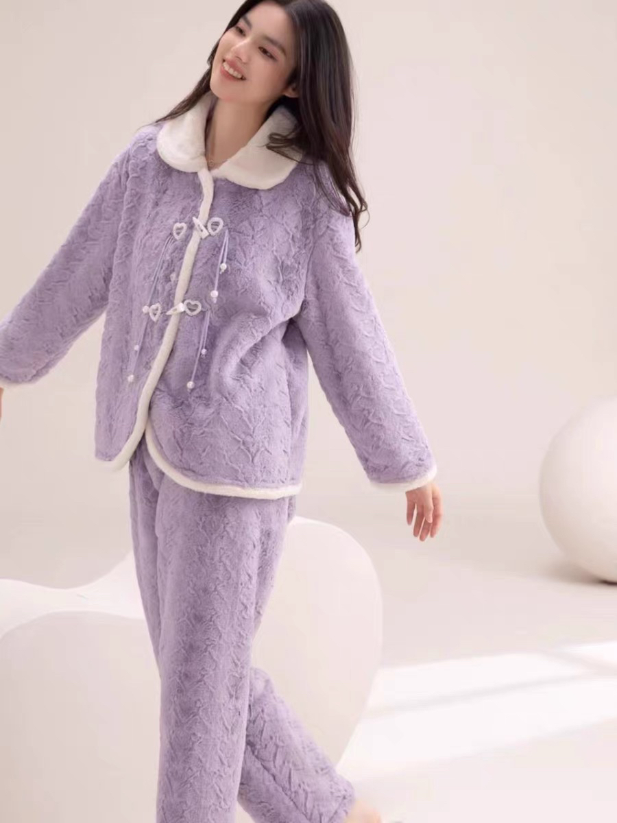 安杜拉专柜正品冬季新款翻领兔毛绒复合保暖绒睡衣女家居服可外穿