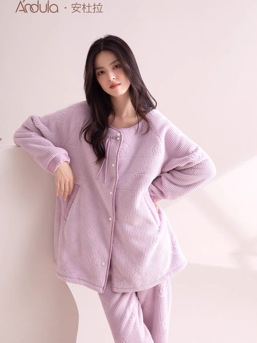 安杜拉女士秋冬新款家居服法兰绒保暖睡衣韩版简约甜美可爱家居服