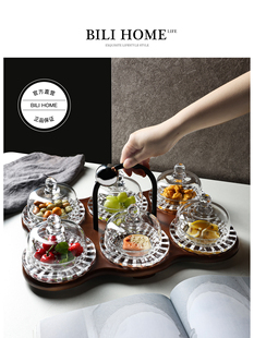 新款中式高颜值玻璃果盘点心干果六宫格分格带盖高级感实木茶点盘