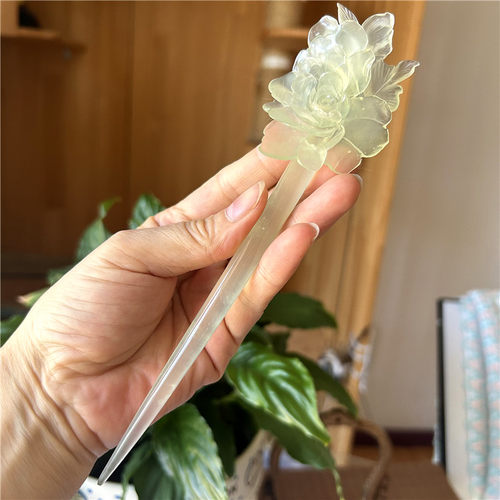 天然岫玉淡绿冰料牡丹发簪一物一图汉服发饰正品岫岩玉石簪子玉簪