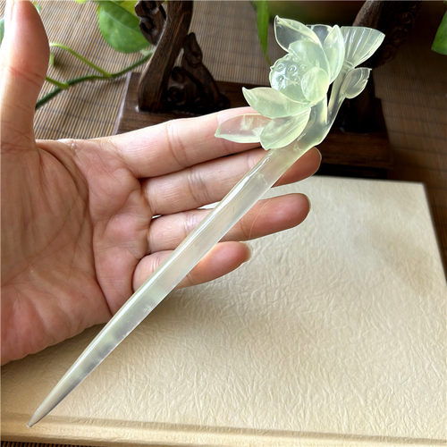 天然岫玉发簪绿冰荷花簪子原物实拍正品A岫岩玉汉服头饰荷花发簪