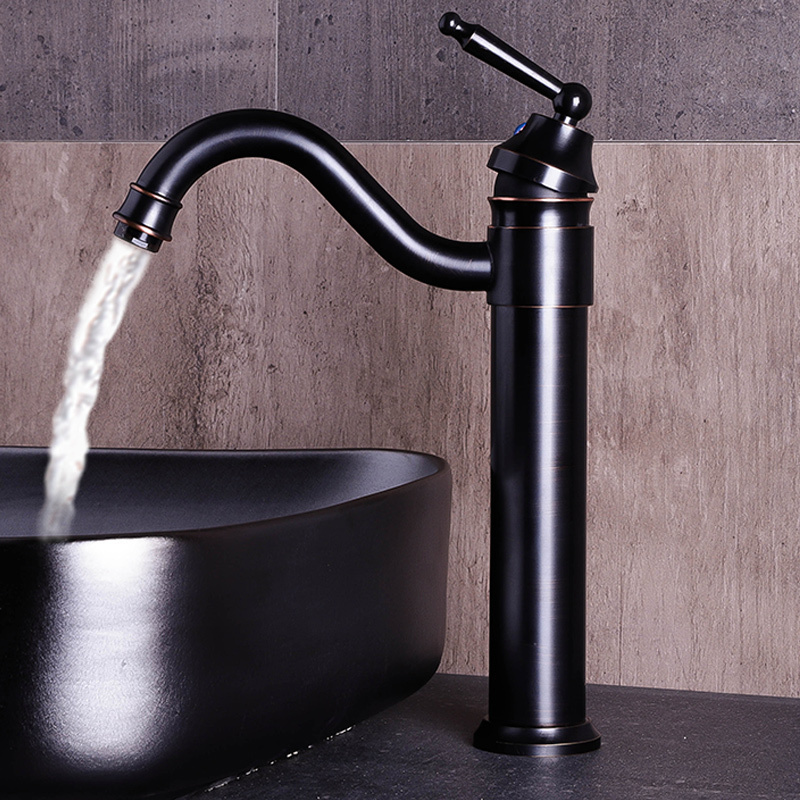 黑色仿古全铜台上盆立柱水龙头