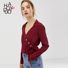 女 衬衫 Haoduoyi欧美风简约和服式 上衣性感V领斜扣绑带纯色长袖