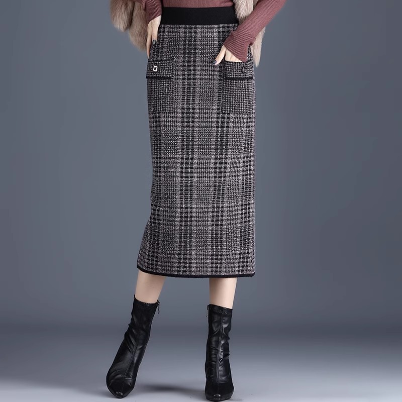 针织半身裙女秋冬高腰2023新款千鸟格子毛线裙中长款一步打底裙子