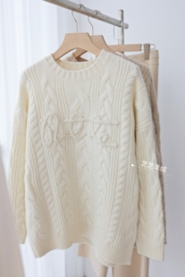 100%纯山羊绒衫品牌纱线纯色圆领长袖麻花字母慵懒风宽松加厚毛衣