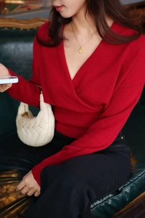 100%纯山羊绒衫V领性感交叉针织衫女时髦穿搭打底衫内搭长袖外穿