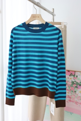 JC超细精纺美丽诺羊毛圆领拼色条纹长袖针织衫春秋薄款T