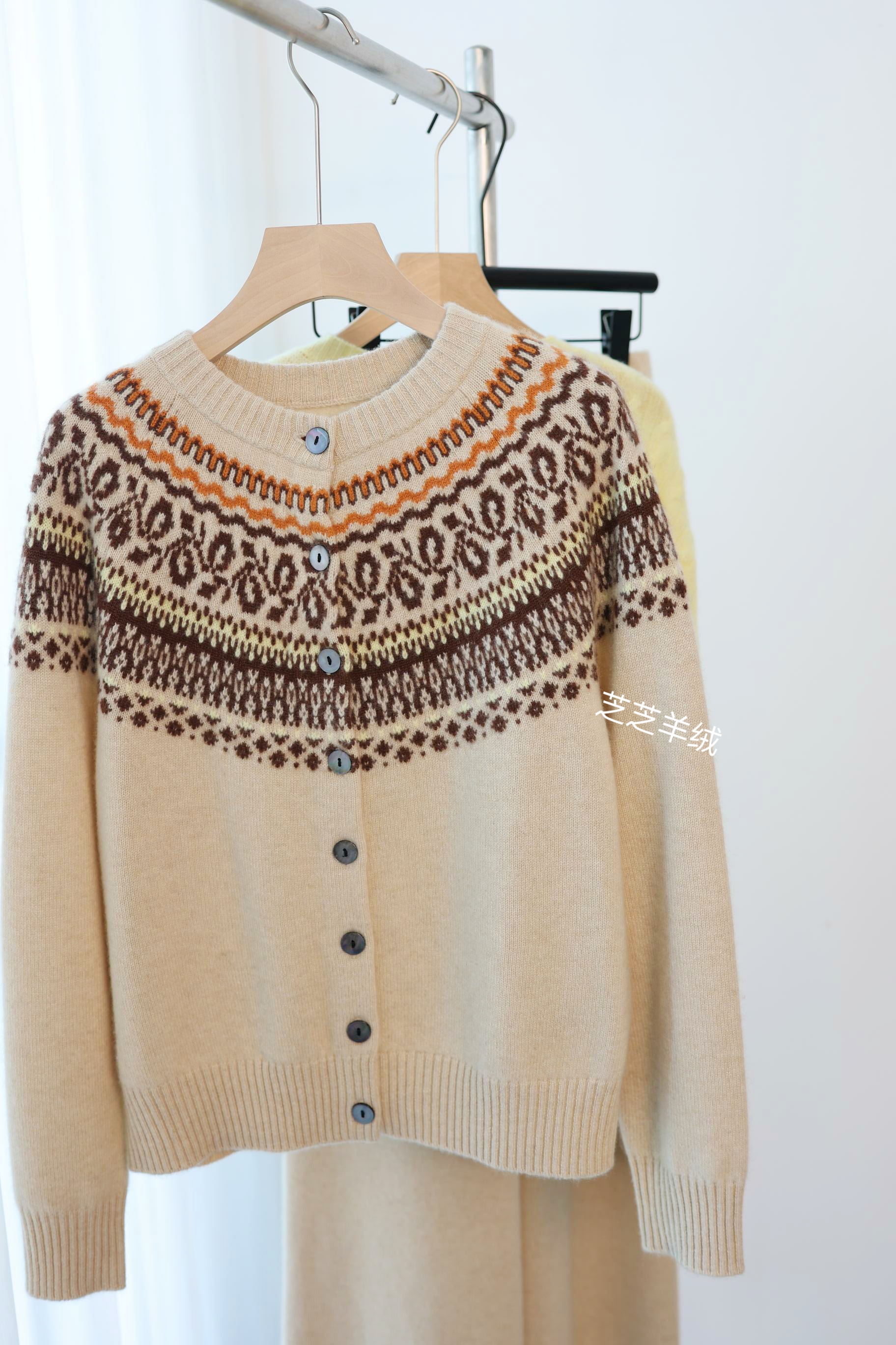 100%纯山羊绒衫五星家圆领长袖提花费尔岛针织开衫外套休闲百搭