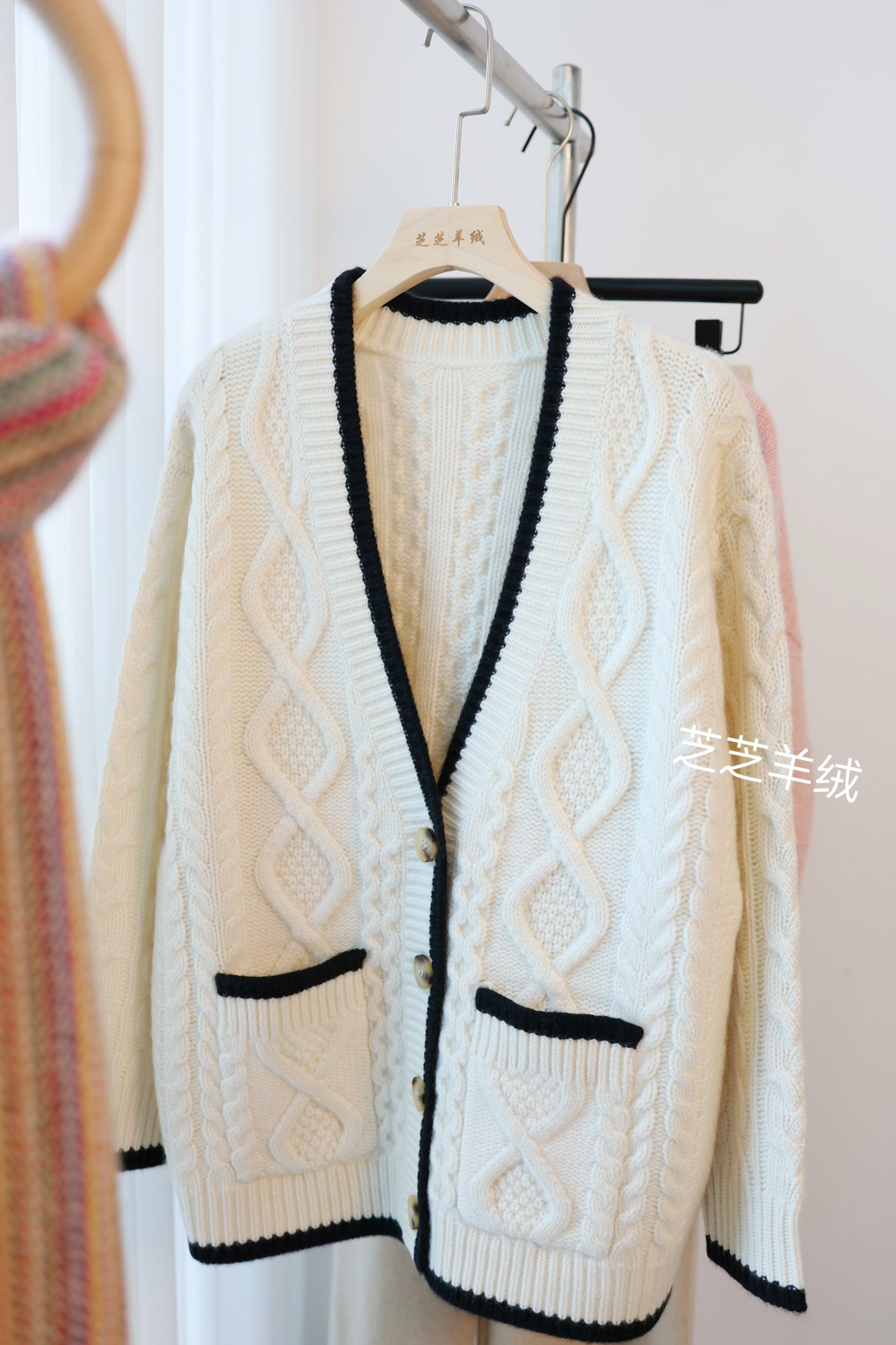 100%纯山羊绒衫星家麻花口袋休闲宽松v领长袖针织大开衫外套厚