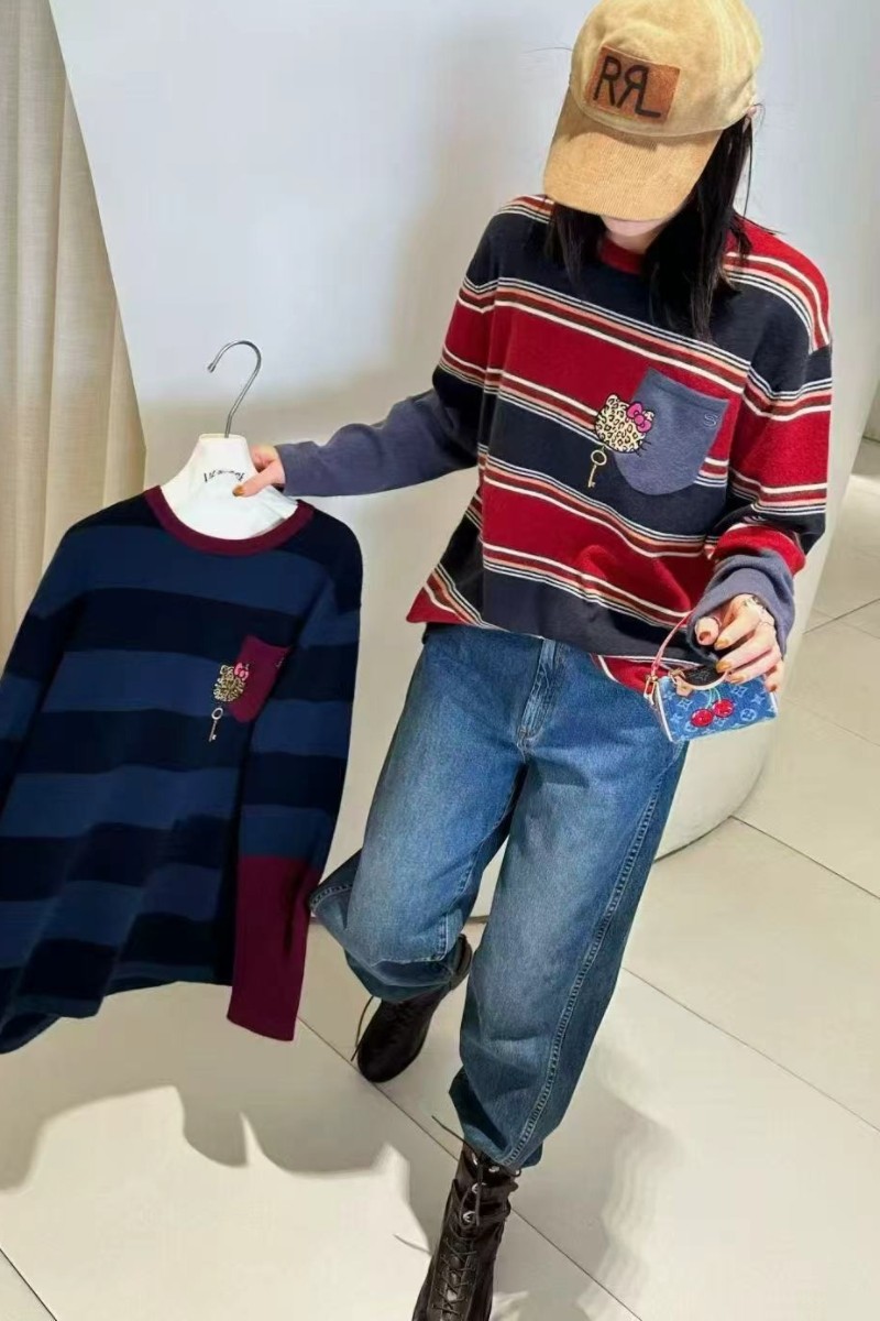 100%纯山羊绒衫kitty猫卡通圆领条纹长袖针织衫毛衣宽松显瘦休闲