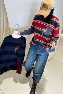 100%纯山羊绒衫kitty猫卡通圆领条纹长袖针织衫毛衣宽松显瘦休闲