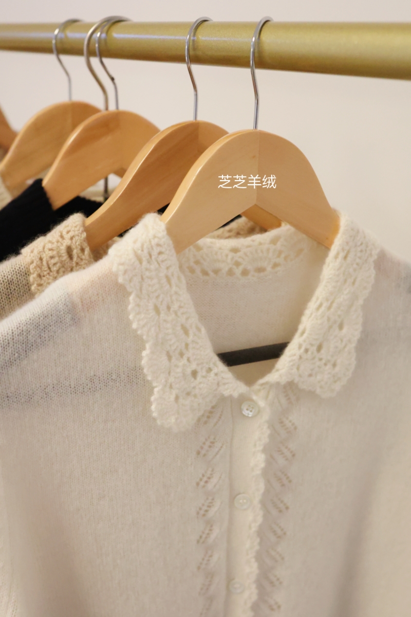 法式别致钩花翻领开衫100纯山羊绒衫花边甜美针织衫打底内搭薄款