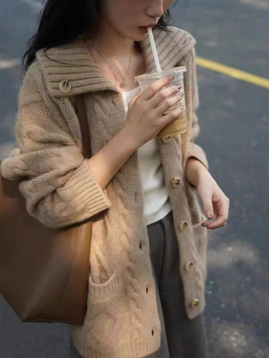 百分百纯山羊绒衫五星家宽松翻领休闲麻花口袋羊绒针织衫开衫厚