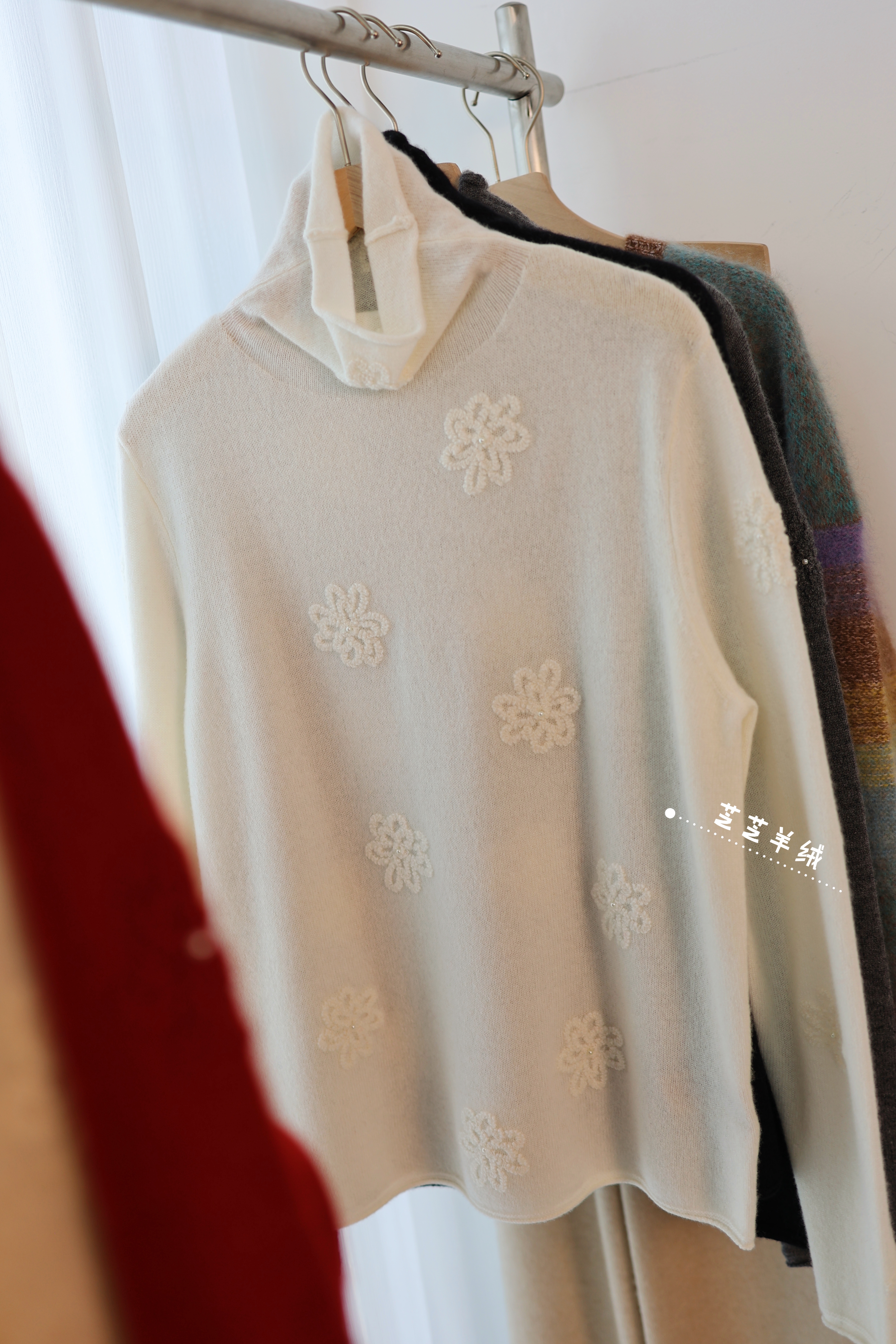 100%纯山羊绒衫高领堆堆领花朵长袖套头针织衫打底衫内搭