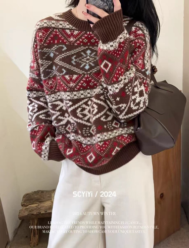 100%纯山羊绒复古提花加厚宽松羊绒衫针织毛衣