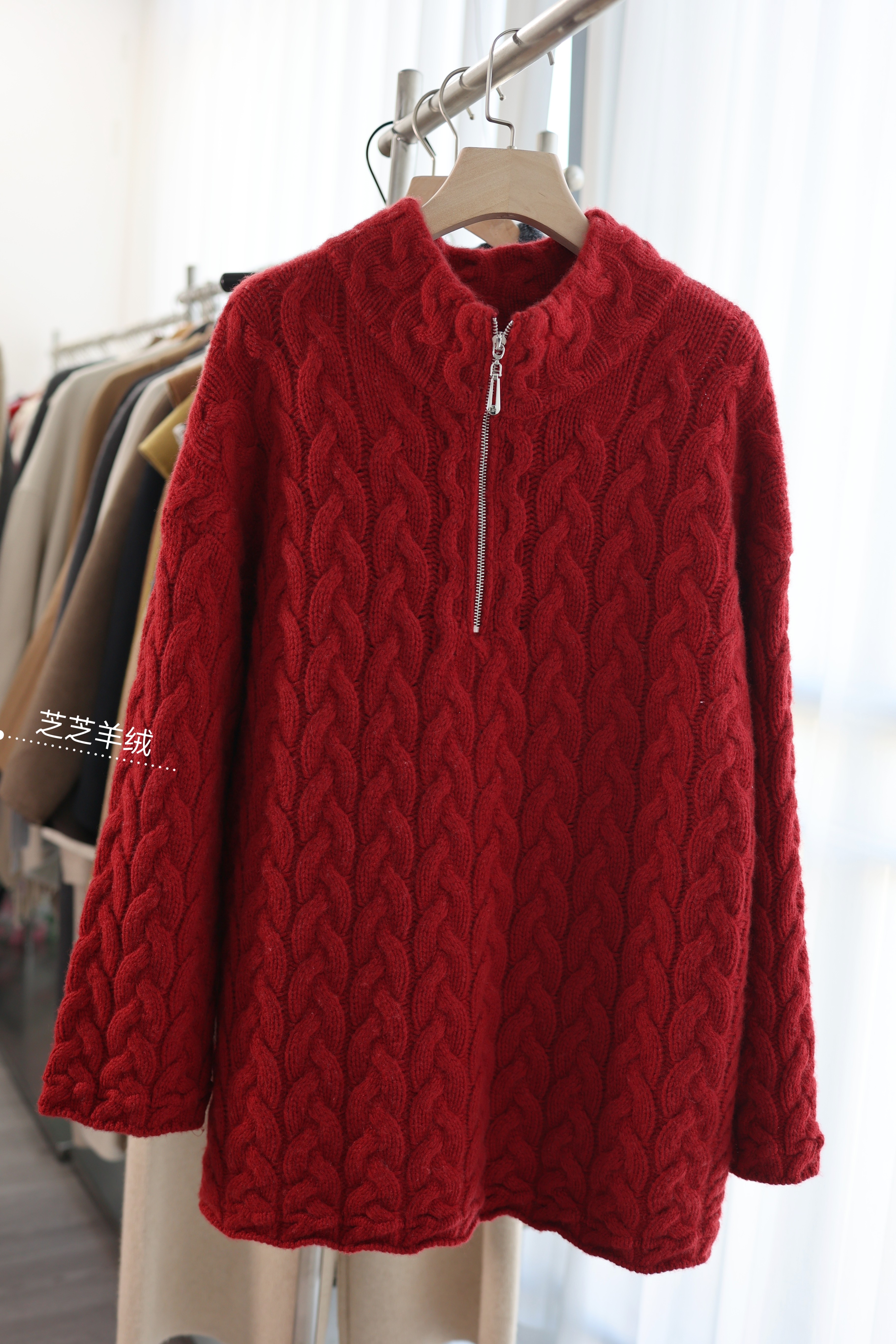 100%山羊绒衫品牌纱线半拉链高领纯色麻花毛衣宽松加厚毛衣中长款