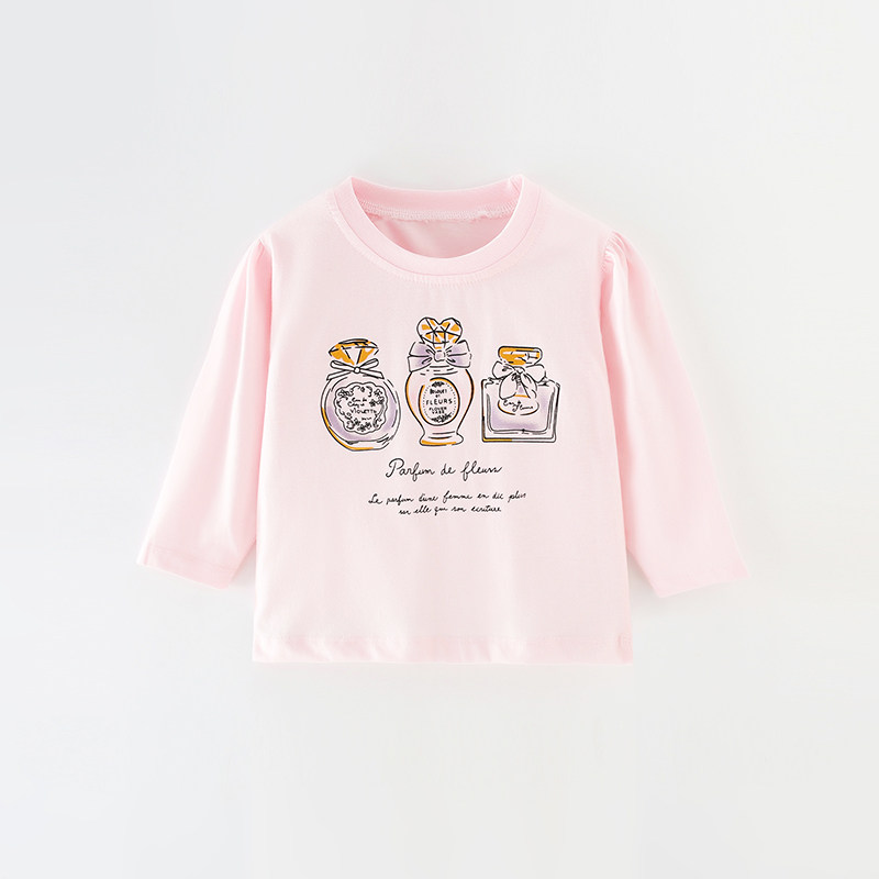 女童长袖T恤粉色印花上衣2025春秋薄款百搭欧美中小童纯棉打底衫