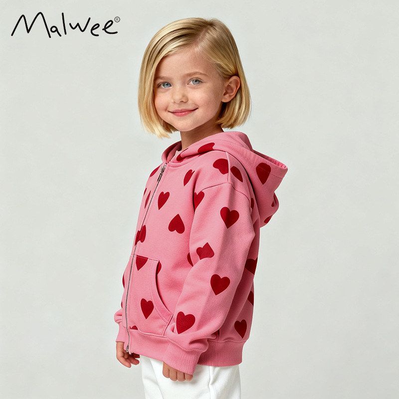 跨境malwee女童卫衣外套秋冬新款欧美中小童连帽拉链衫儿童装上衣
