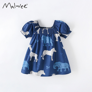malwee女童连衣裙夏季新款欧美时髦洋气印花儿童泡泡短袖公主裙