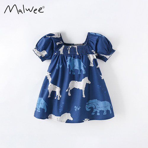 malwee女童连衣裙夏季新款欧美时髦洋气印花儿童泡泡短袖公主裙