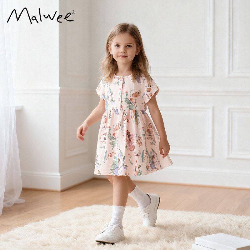 跨境malwee女童短袖连衣裙夏装新款可爱印花圆领欧美中小童公主裙