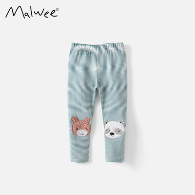 malwee秋季新款女童条纹长裤洋气松紧腰外穿纯棉打底裤儿童休闲裤