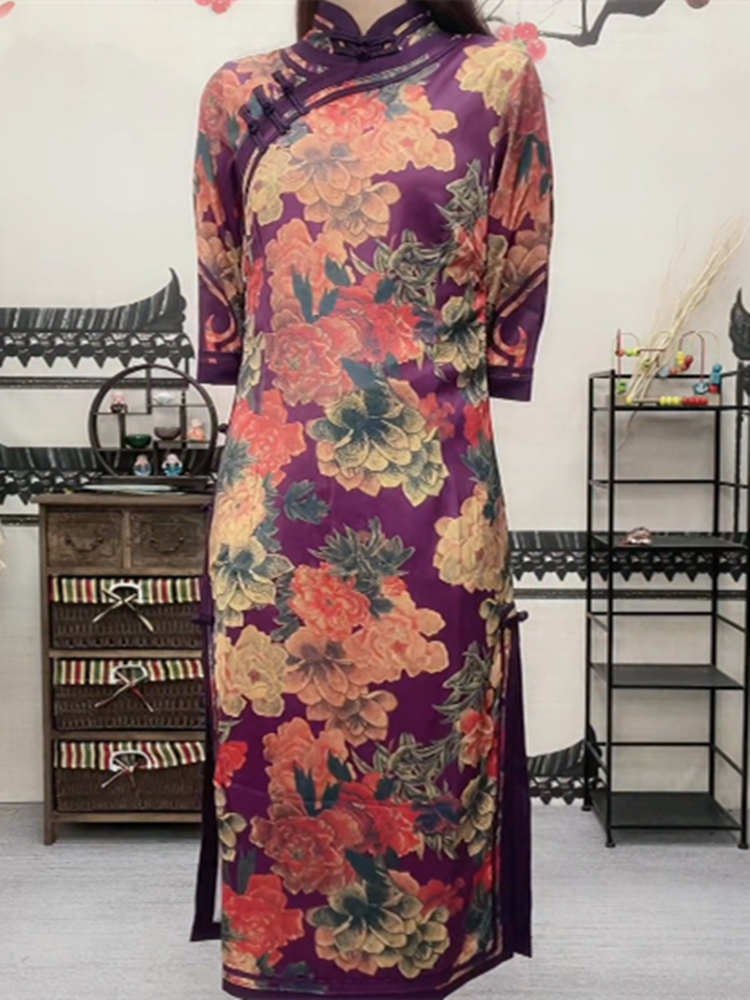 {牡丹亭}40姆米重缎仿香云纱旗袍复古中国风传统京派3春季新款