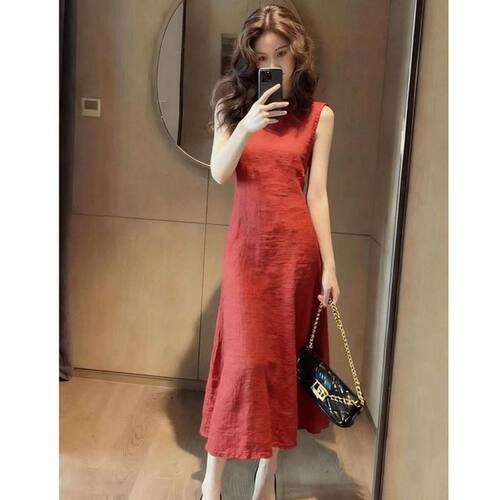 法式轻奢气质简约高级感绝美百搭新款红色无袖背心裙女装
