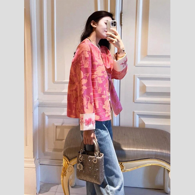 春季超火新中式粉色印花外套高级感减龄气质国风撞色上衣女